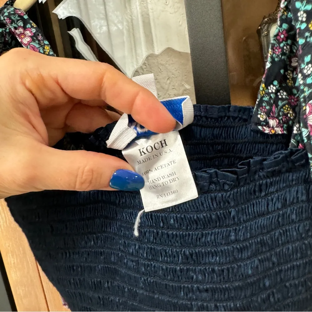 KOCH navy smocked crop top tie straps bows floral cece satin stretchy flowers - Image 8