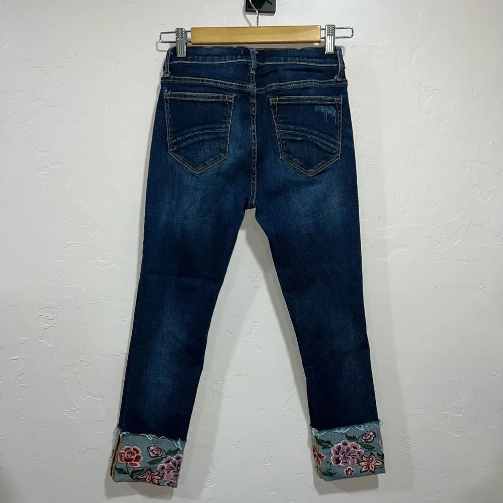 Driftwood Colette Crop Floral Embroidered Cuff Blue Denim Jeans 25 ripped knee - Image 5