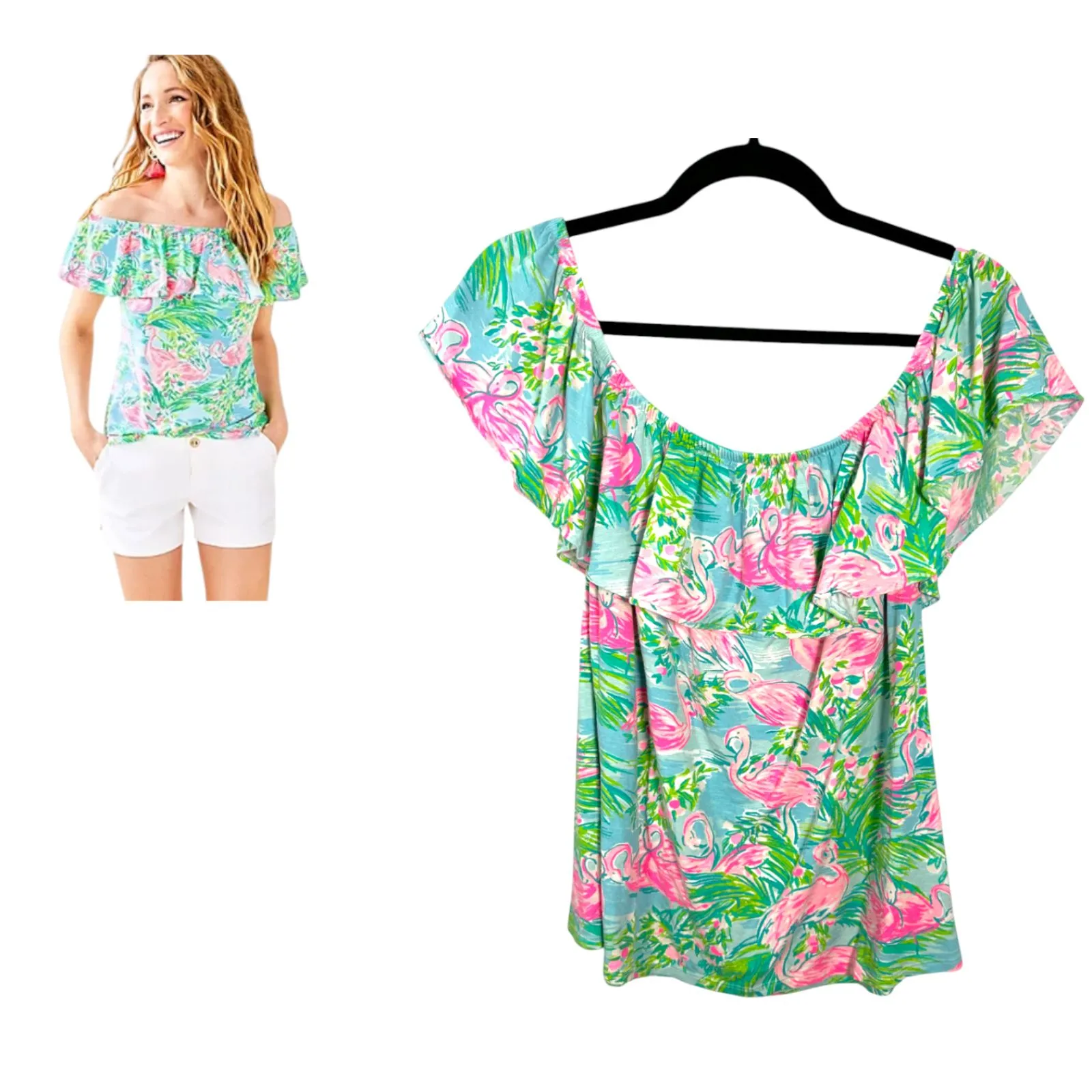 Lilly Pulitzer La Fortuna Off Shoulder Urchin Pink Lil Juicy Fruit Blouse Large - Image 2