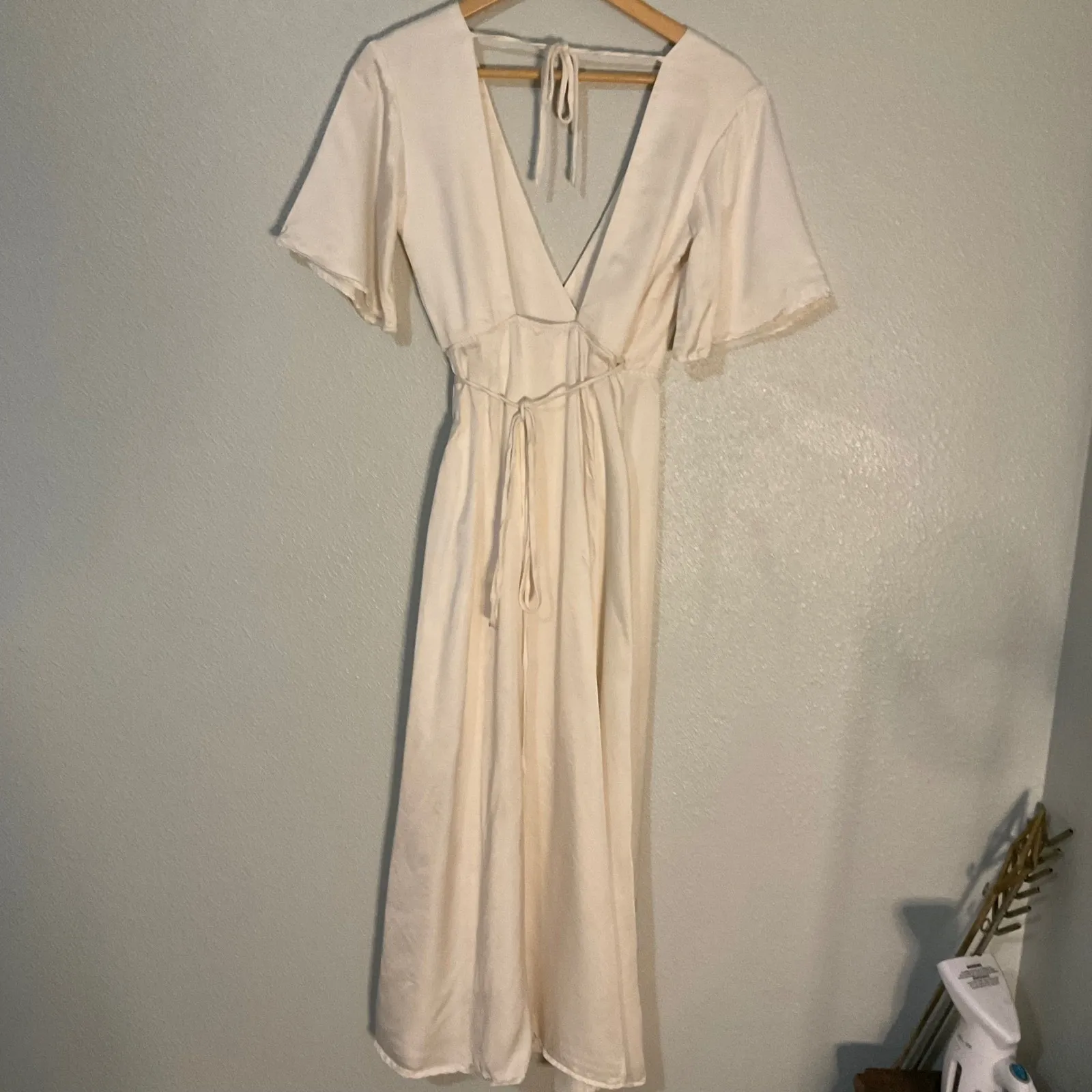 Whimsy + Row Lola Dress Size XXS Cream Wrap Tencel Maxi Flounce V Neck Womens - Image 7