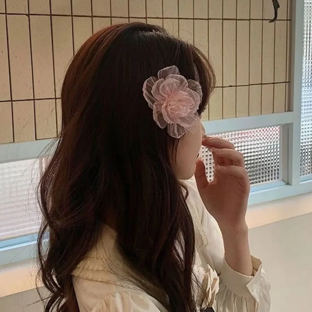 Kawaii Pastel Pink & Cream Cottage Chiffon Flower Floral Hair Clip Barette - Image 3