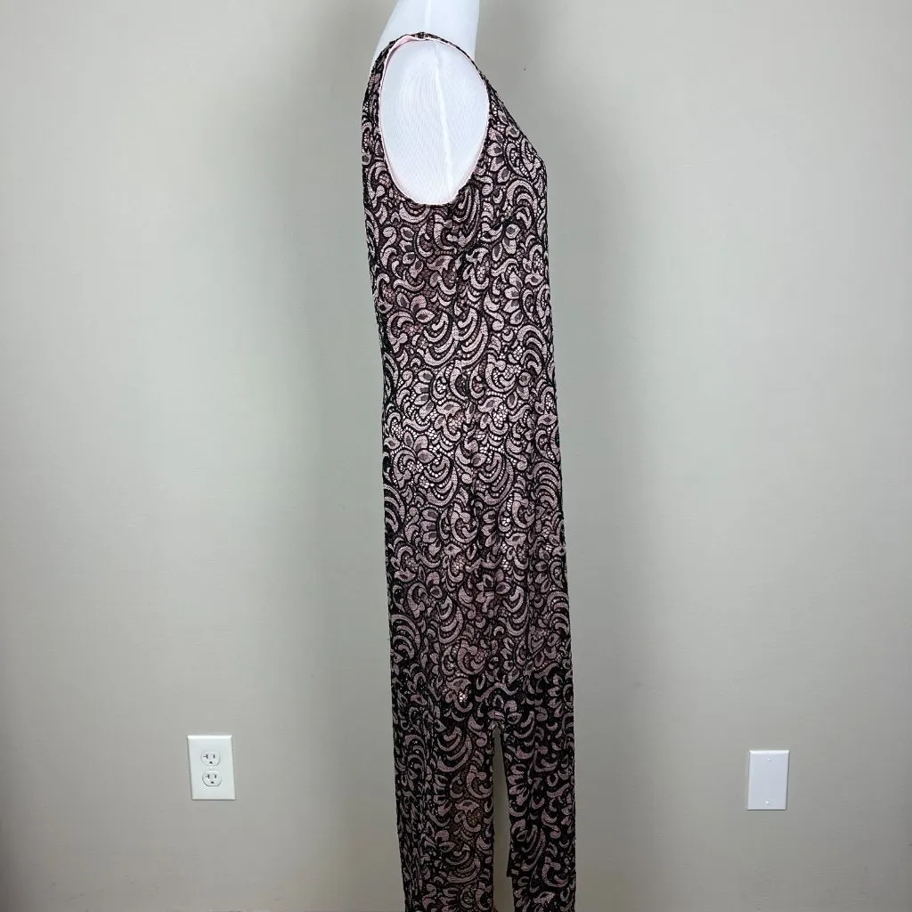 Sharagano Maxi Dress 12 Black Pink Lace‎ Lined V-Neck Sheath Sleeveless Slit Zip - Image 7