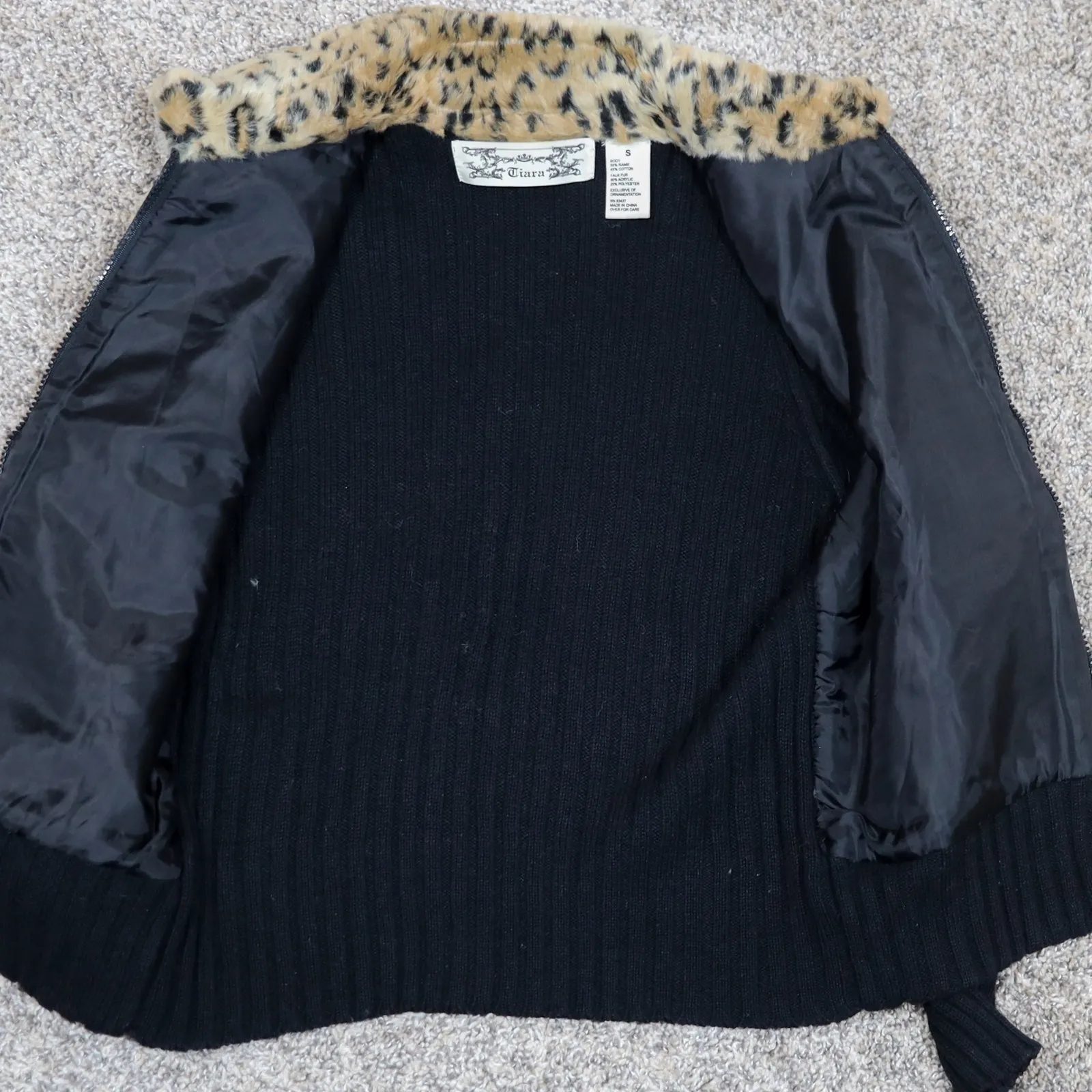 Tiara International Leopard Faux Fur Zip Jacket Ribbed Sleeves Y2K Women's S Black - Image 5