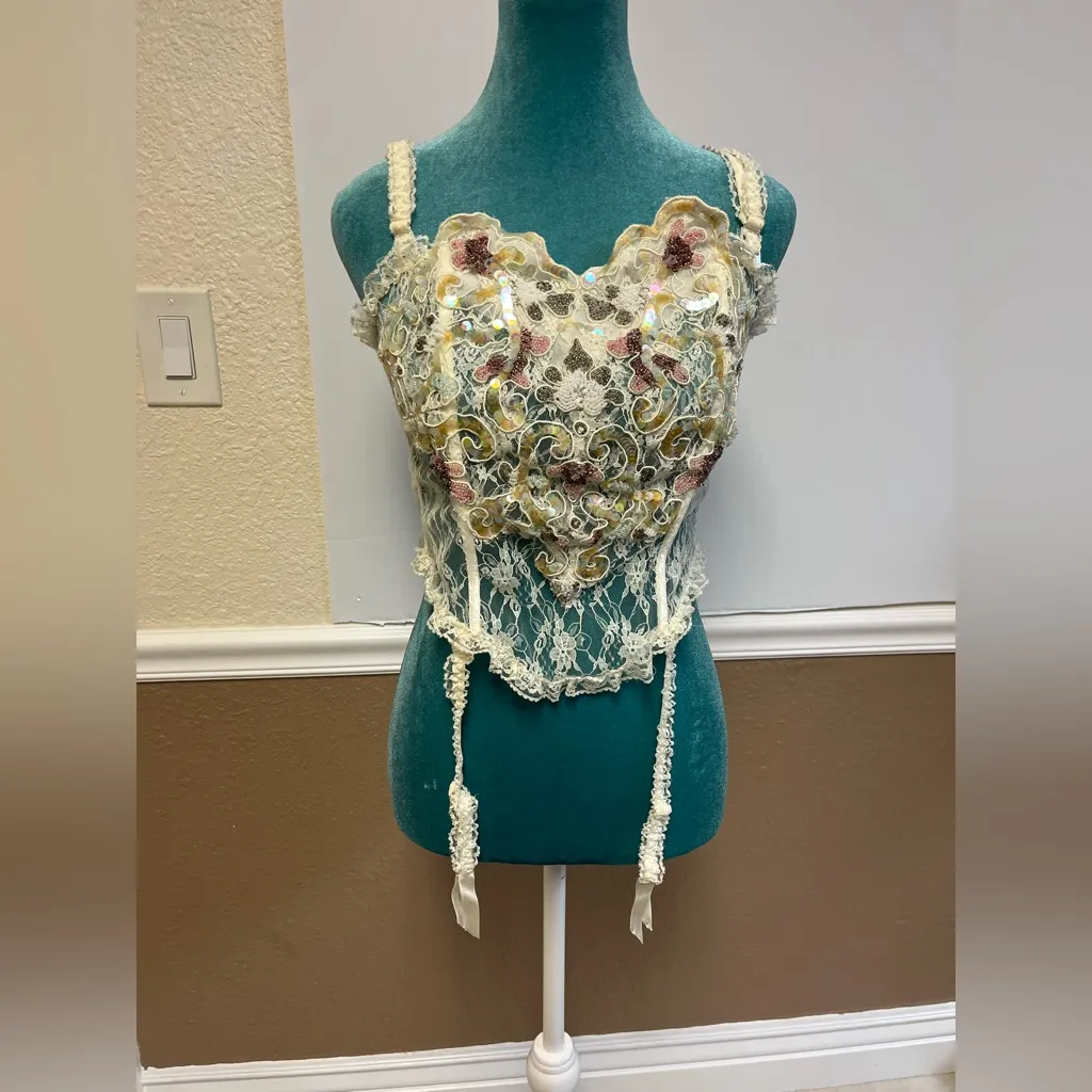 Vintage Rare Gold Label  1990s Ivory Hand-Beaded‎ Lace Corset Bustier - Image 3