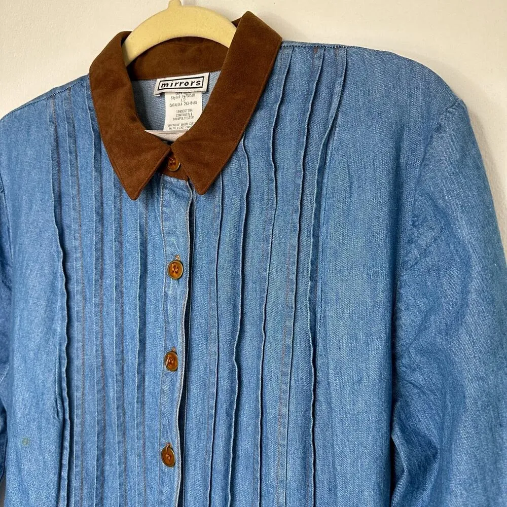 Vintage 90s Denim Teacher Dress Fall Maxi Dress with Faux Suede Collar 12 Blue - Image 6