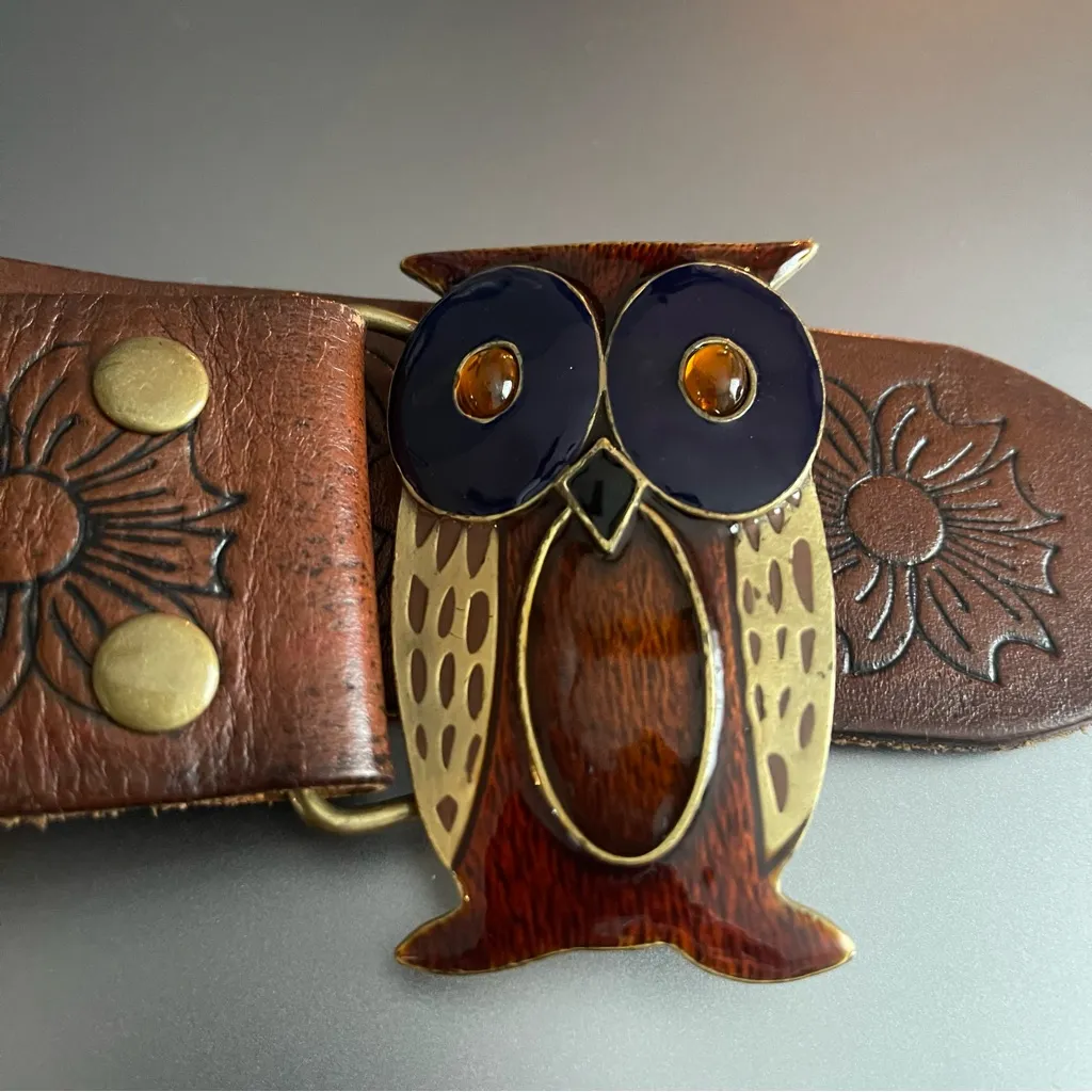 HOLLISTER VTG Tanned-Brown Leather OWL Buckle Belt Medium 40” - Image 5