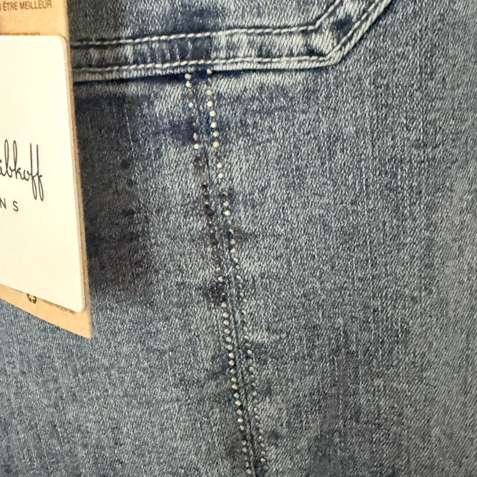 NWT Joseph Ribkoff Vintage Blue Rhinestone Seam Slit Hem Frayed Culotte Jeans 14 - Image 4