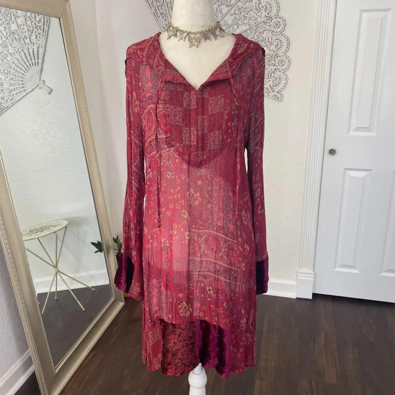 Faded Glory Witchy Whimsygoth Burgundy Red Paisley Patchwork Mesh Velvet Dress S - Image 5