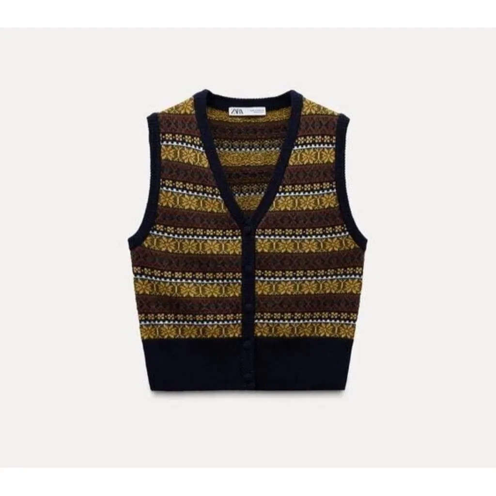 NWOT ZARA JACQUARD KNIT WAISTCOAT Vest Multicolor Medium - Image 6