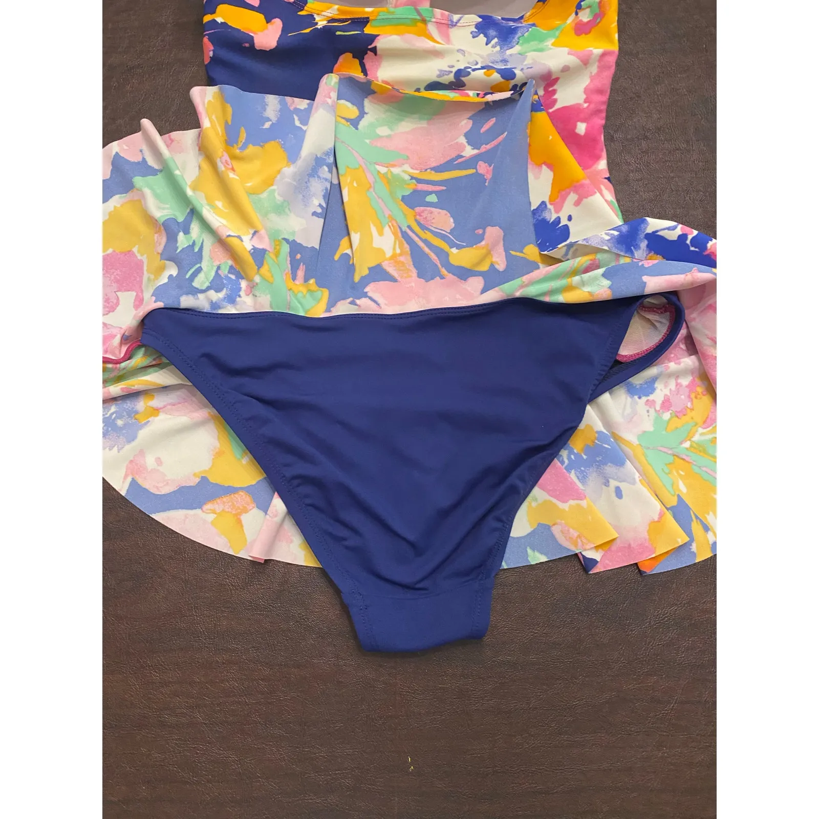 Chaps‎ One Piece Halter Roused Skirted Floral Swimdress Pink Blue Green Size 6 - Image 9