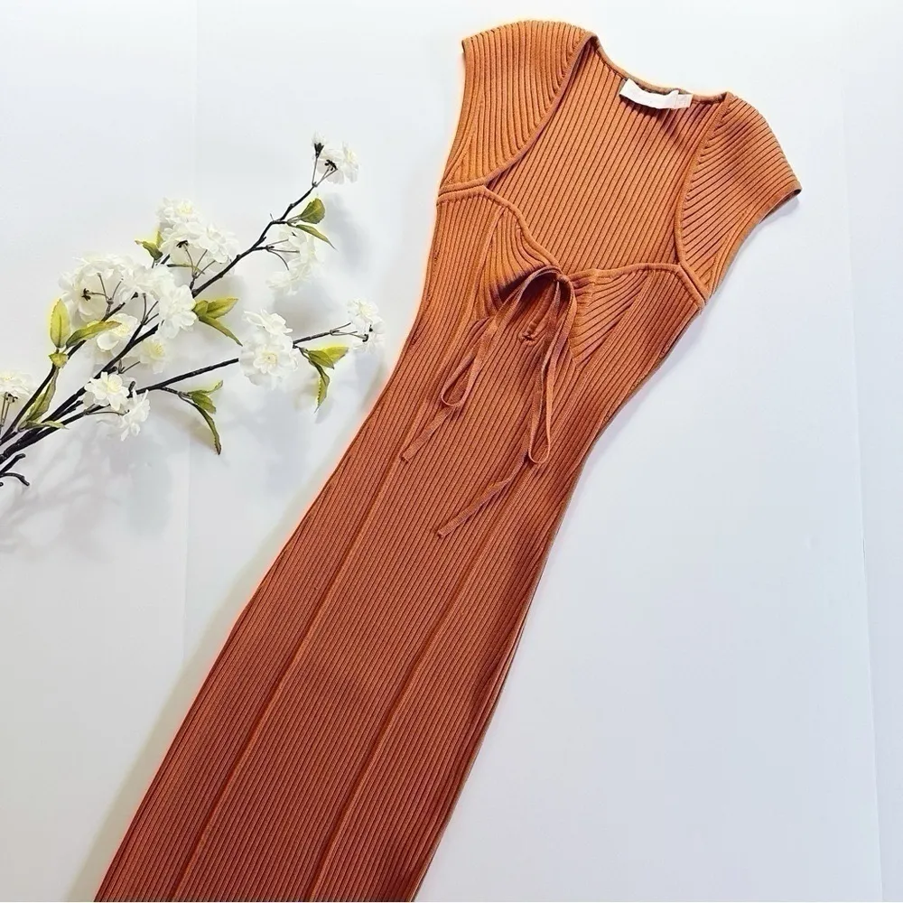 NEW Jonathan Simkhai Florence Ribbed Midi Dress in Brown Orange Size XS - Image 4