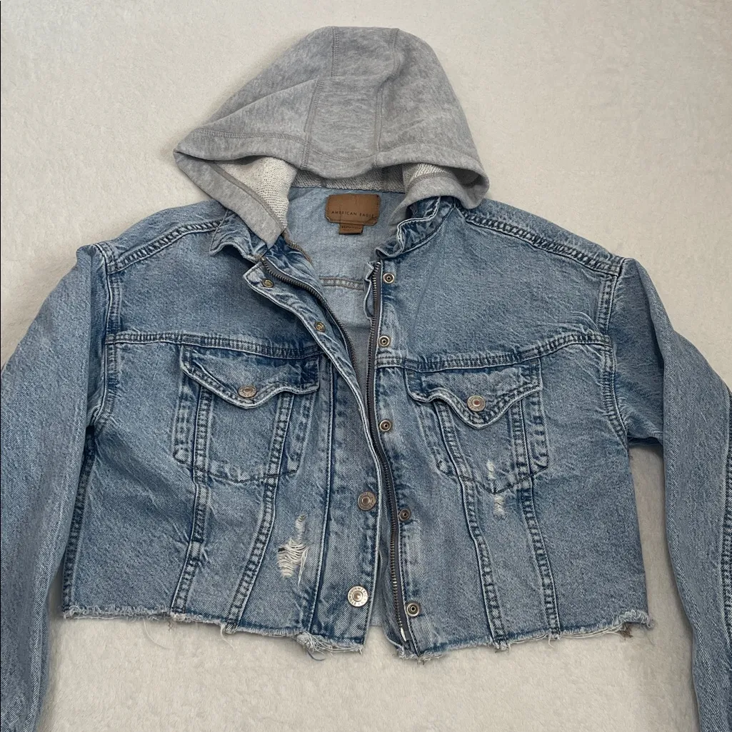 American Eagle Outfitters Denim Jacket with Gray Hood - Image 4