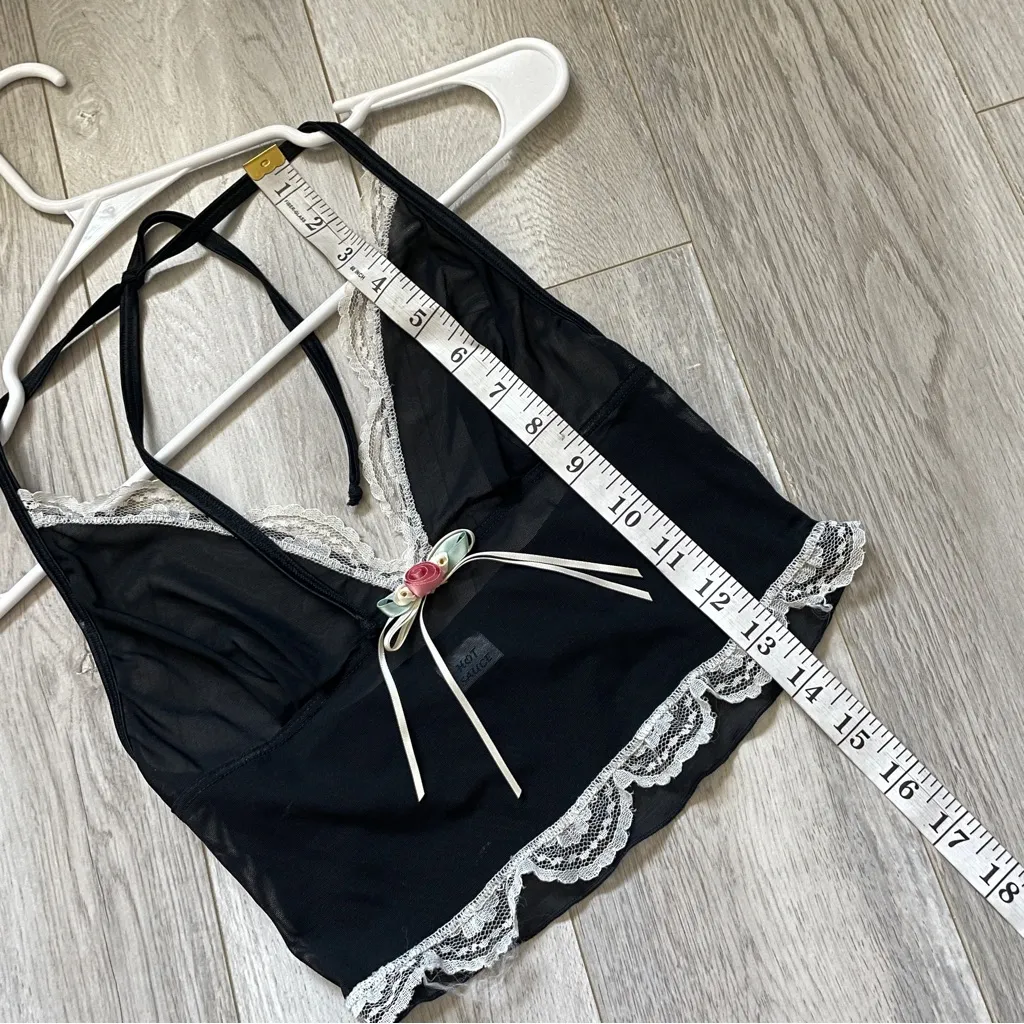 Sheer Lace Tank Top bow rose crop sheer halter womens Black small y2k going out - Image 3