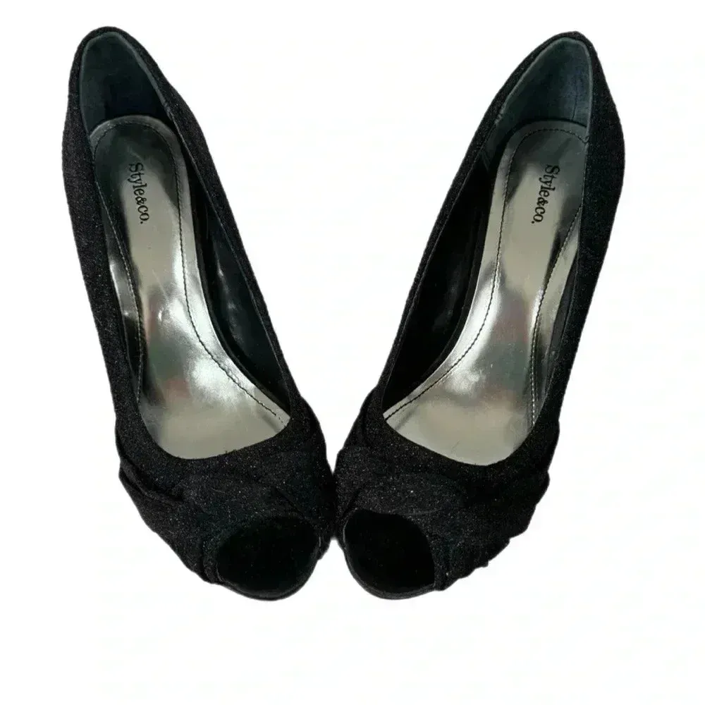 Style & Co Kathryn Glitter Pumps Leather Outsole Black Heels Peep Toe Sz 7.5 - Image 3