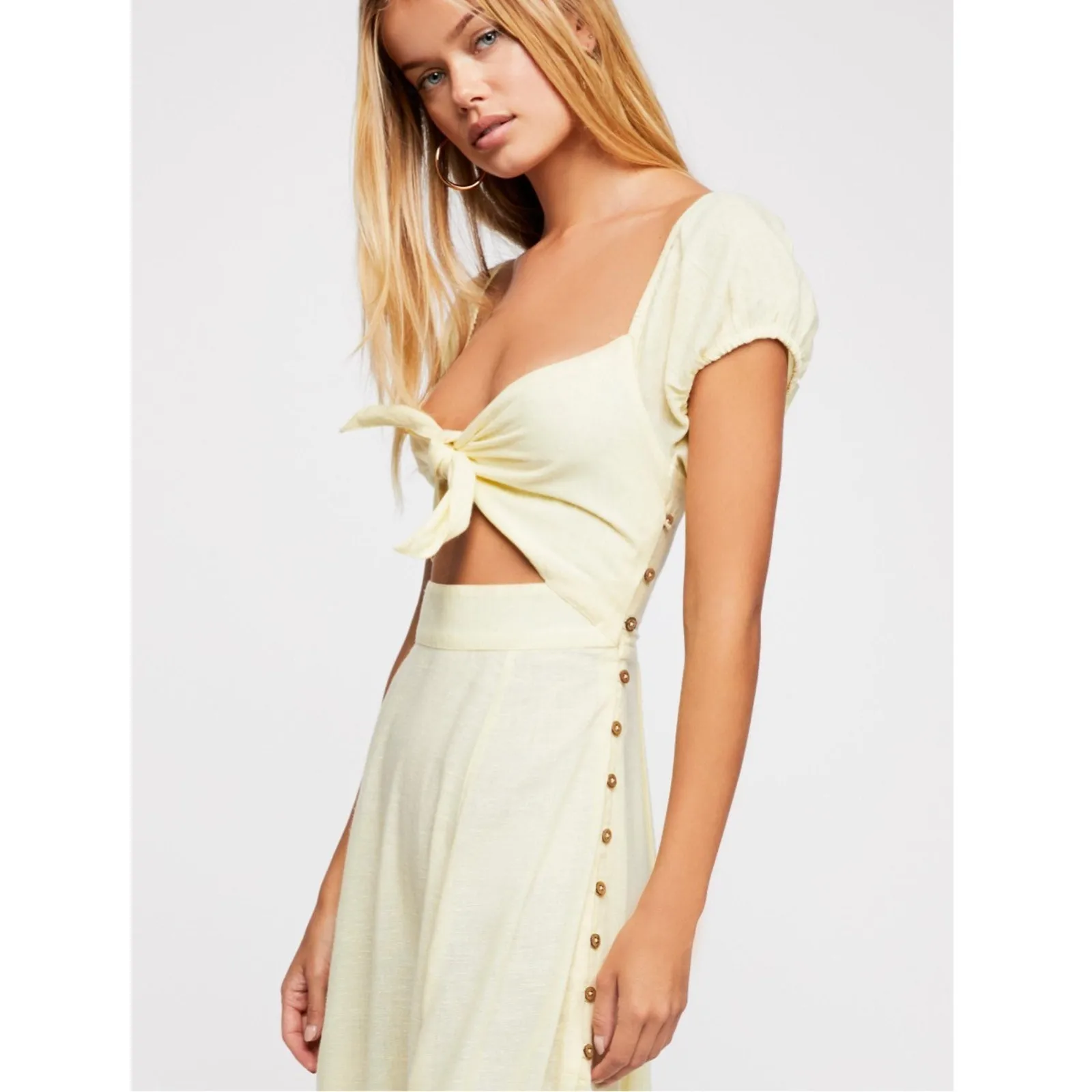 FREE PEOPLE The Getaway Midi Maxi Dress Smocked Cut Out Cotton Yellow Size XS - Image 4