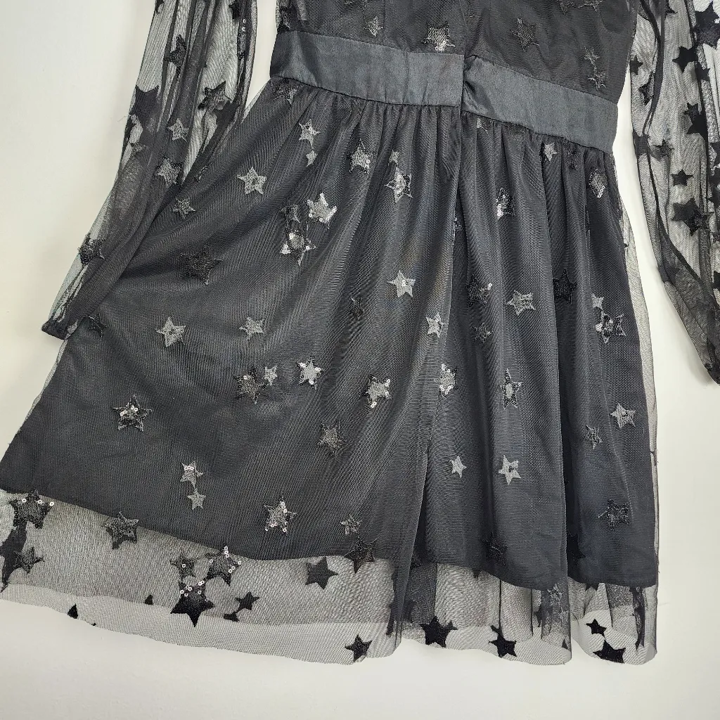 Women Sequin Star Print Black Tulle Dress Mesh See - Image 15