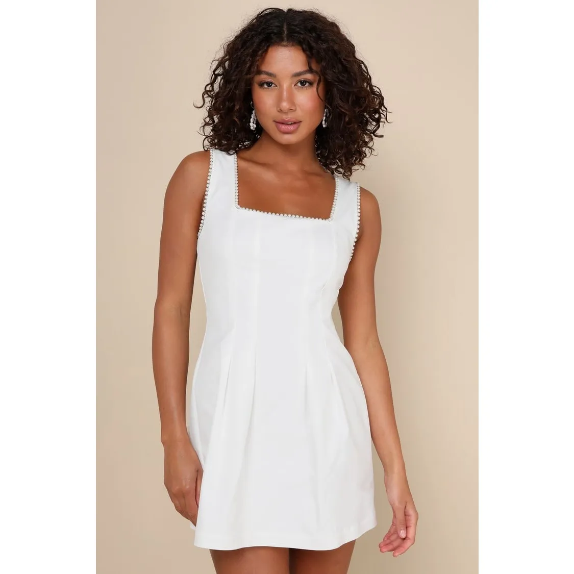 NWT Lulus Pure Hearted White Pearl Square Neck Sleeveless Mini Dress Cocktail M - Image 2