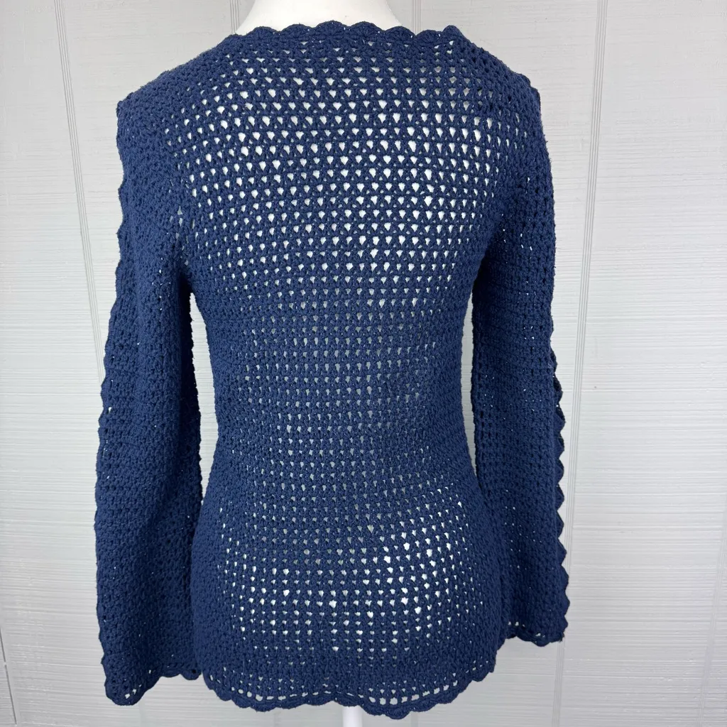 Westport Navy Blue Open Knit Sweater Long Sleeve Diamond Cutouts Scalloped Hem - Image 4