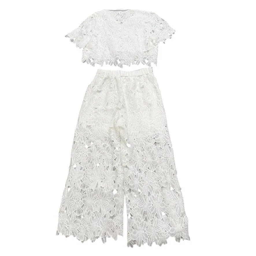 Women's Lace Shirt and Lace Wide Trouser Set in White, Size 2XL White - Image 5