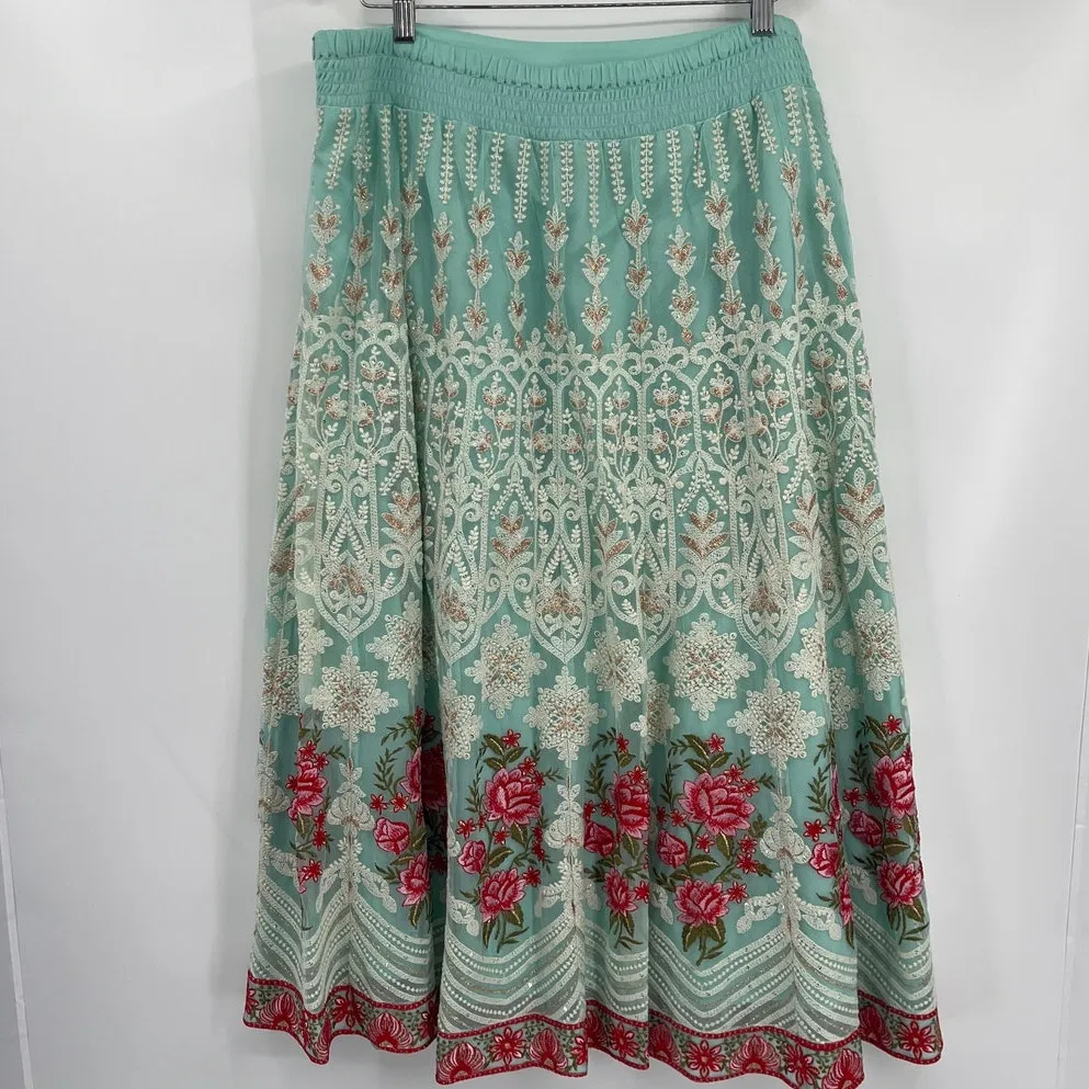 Soft Surroundings Lace Boho Maxi Skirt PXL Aqua Embroidered Floral Mesh Fairy - Image 8