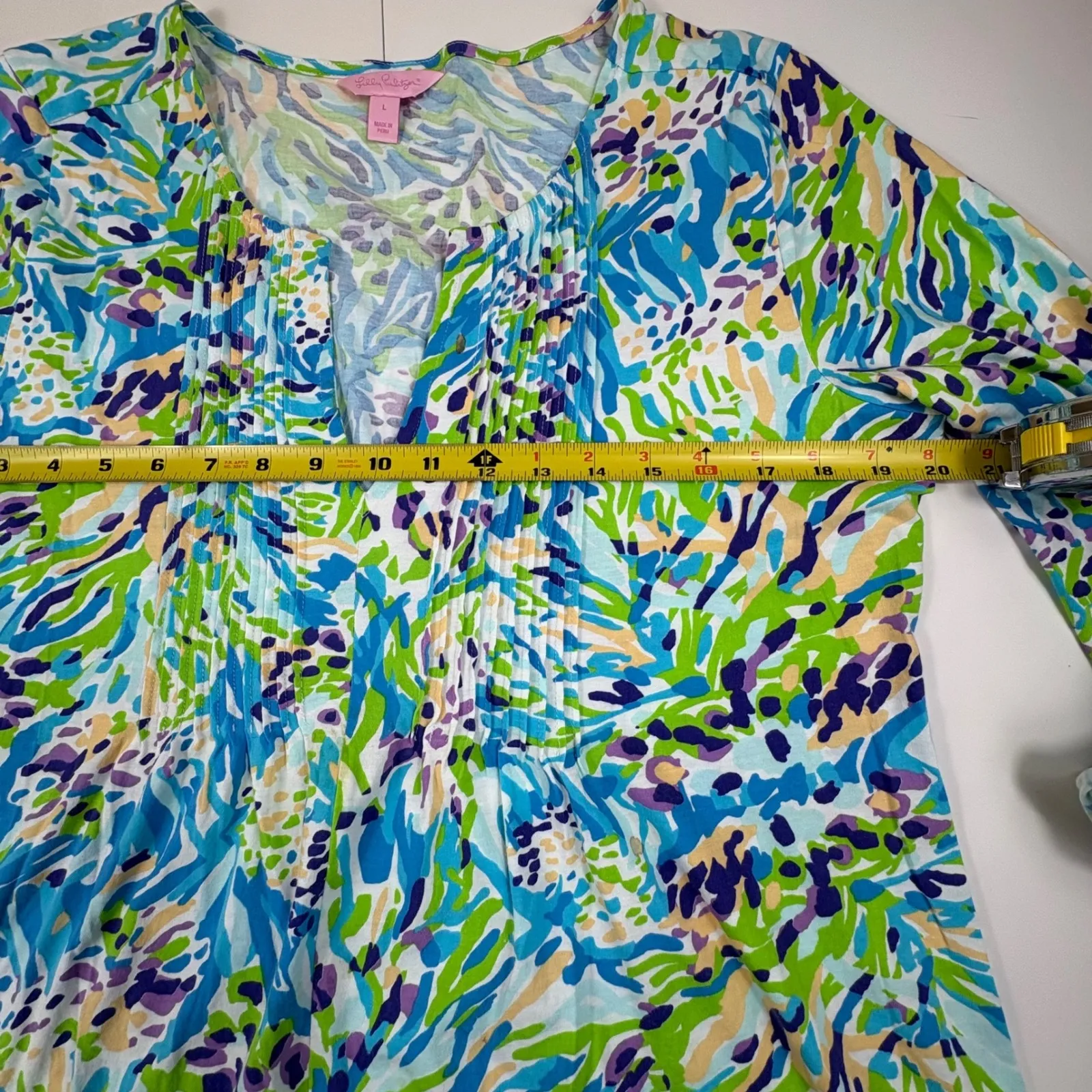 Lilly Pulitzer Tunic Dress Blue Green Purple Abstract Print‎ Roll Tab Sleeve L - Image 6