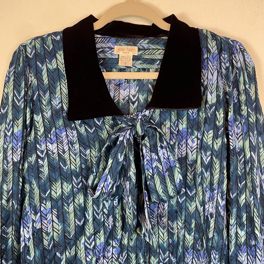 VTG Jean Halm‎ Women's 6 Green and Blue 100% Silk Blouse Neck Tie Velvet Accents - Image 2