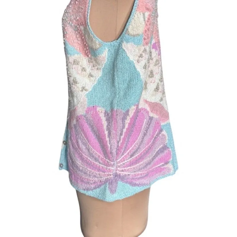 Pastel Seashell Knit Vest Silk Linen Coastal Cottagecore Fairy Mermaid Ocean Blue Size XL - Image 5
