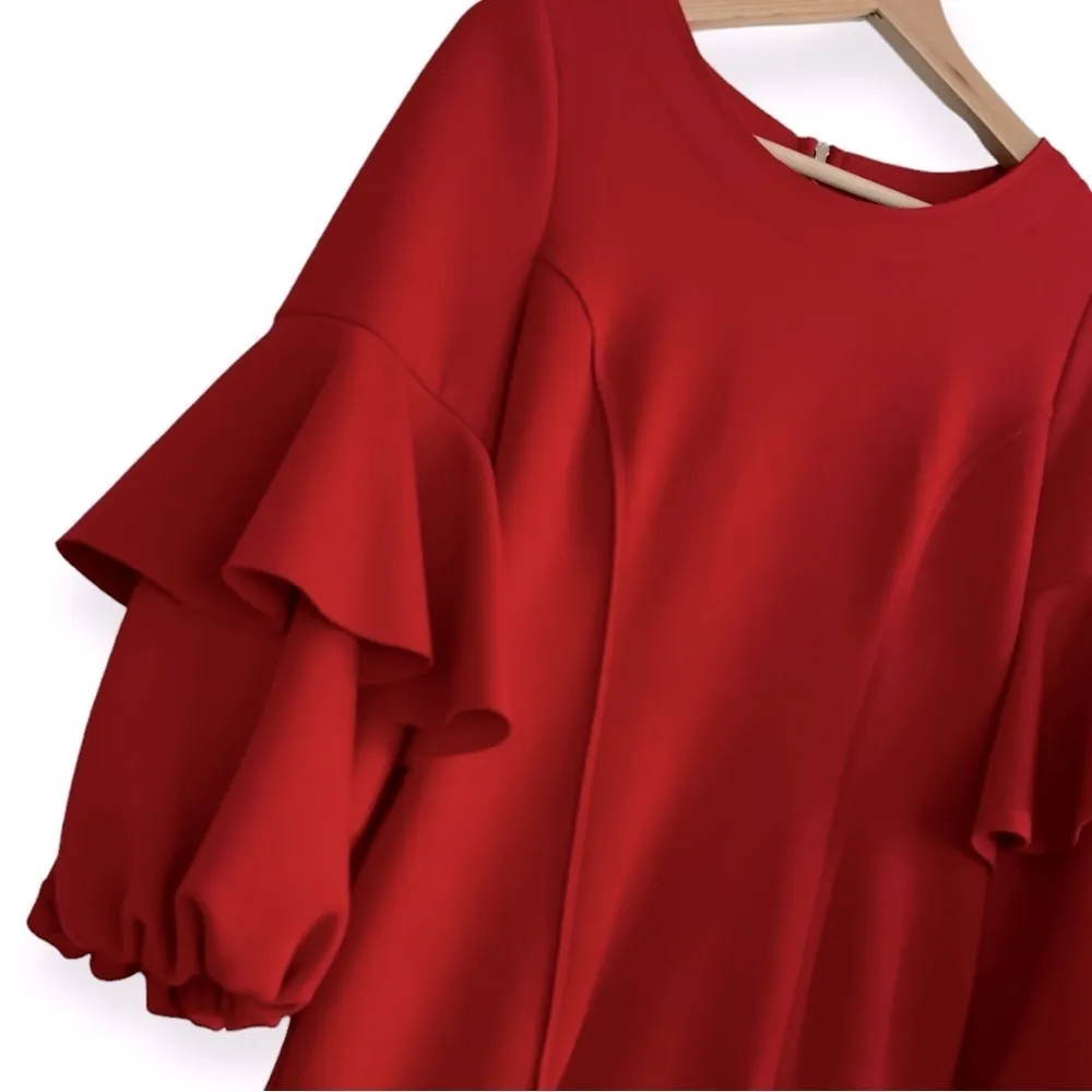 IC COLLECTION Red Scuba Knit Ruffled Balloon Sleeve Red Sheath Dress Size XS NEW - Image 8