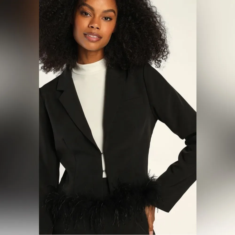 NWT Lulus Celebratory Sweetie Crop Blazer Large Black Feather New Years Eve Chic - Image 6