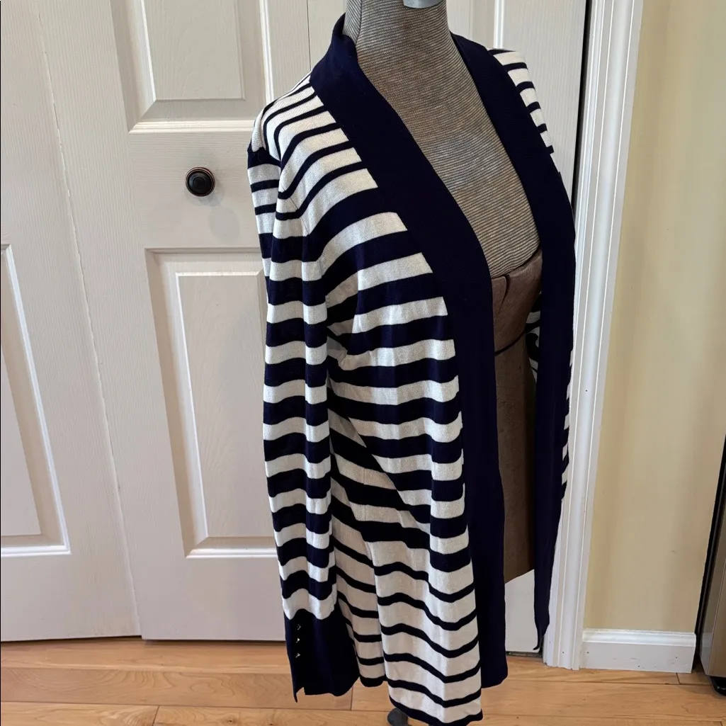 White House Black Market Navy and White Open Front Knit long Cardigan Sweater - Image 2