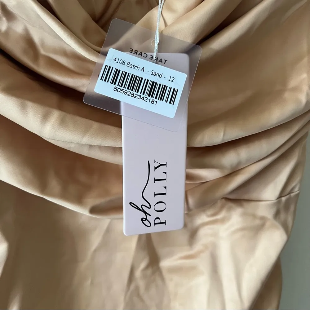 Oh Polly ALL FOR YOU Lace Trim Cowl Neck Satin Mini Dress in Sand size 8 - Image 4