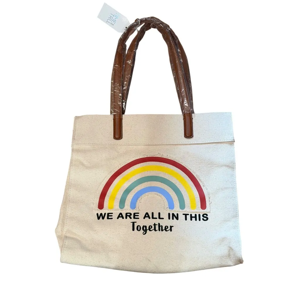 NWD Time Tru We Are All In This Together Canvas Beige Tote Bag Rainbow Positive Brown - Image 9