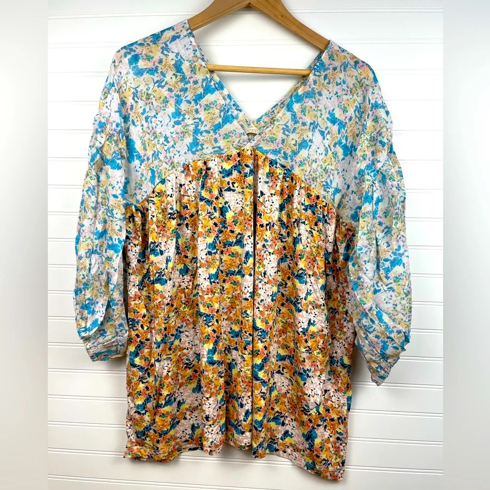 Oddi Floral Babydoll Blouse Two Tone V Neck Puff Sleeve Sheer Plus Size New 1X Blue - Image 9