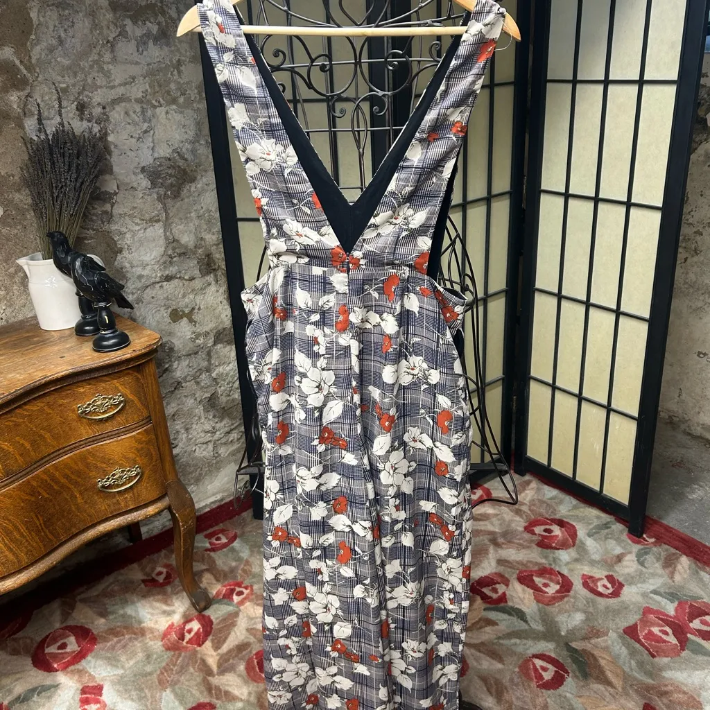 LUSH Navy Plaid Rust Ivory Floral Wide Leg Jumpsuit/Overalls: Size MEDIUM - Image 4