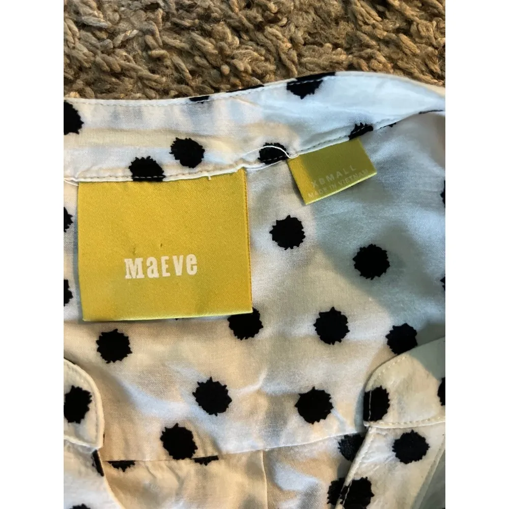Anthropologie Maeve Top Womens  White Black Polka Dot Henley Retro Rayon Size XS - Image 6