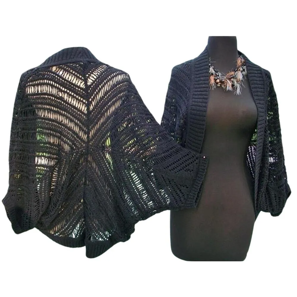 Cache Black Open Knit Jacket Top Shrug Banded Bottom Trim New Stretch $108 NWT - Image 6