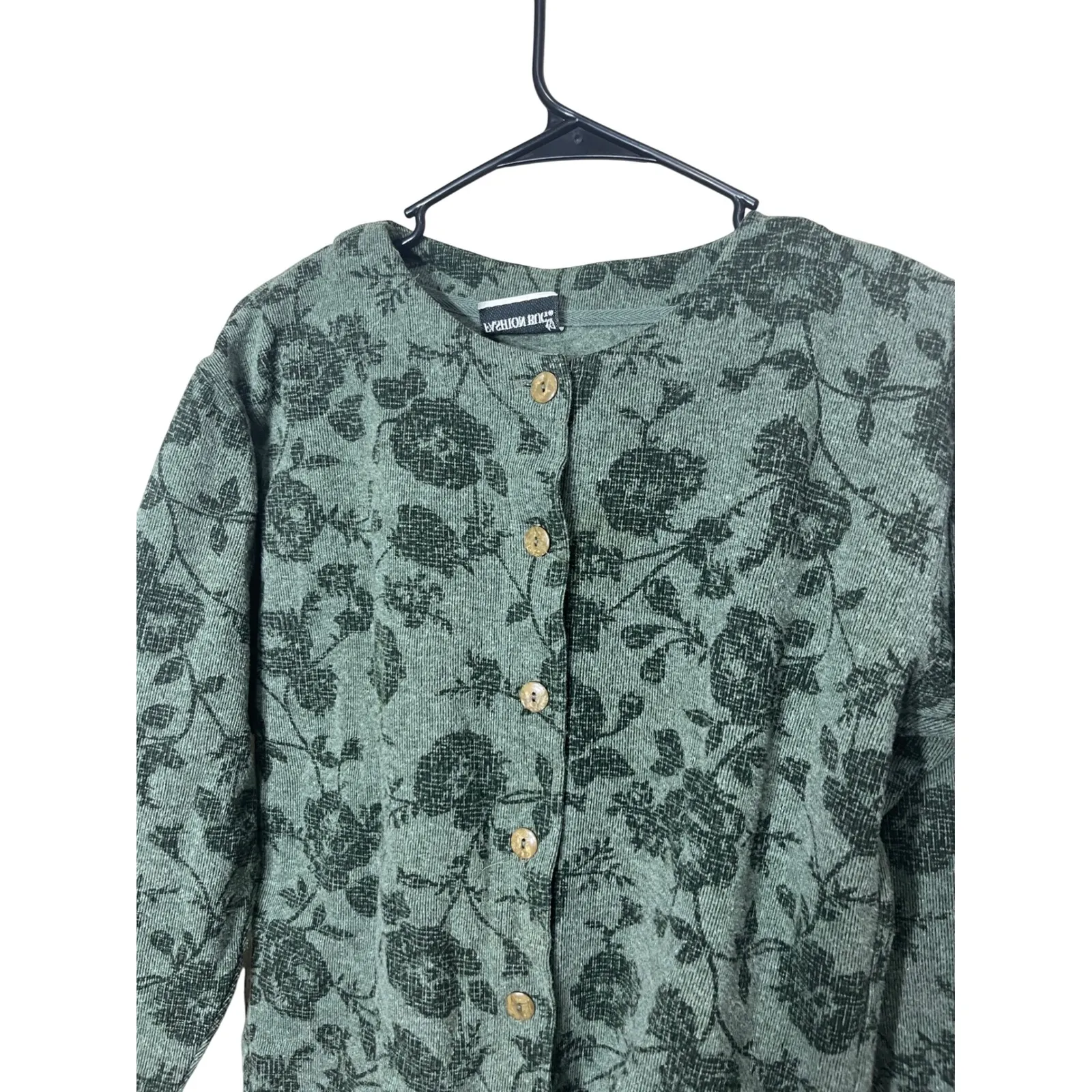 Vintage Fashion Bug Button Front Floral Cardigan Green‎ Long Sleeve Knit Large - Image 2