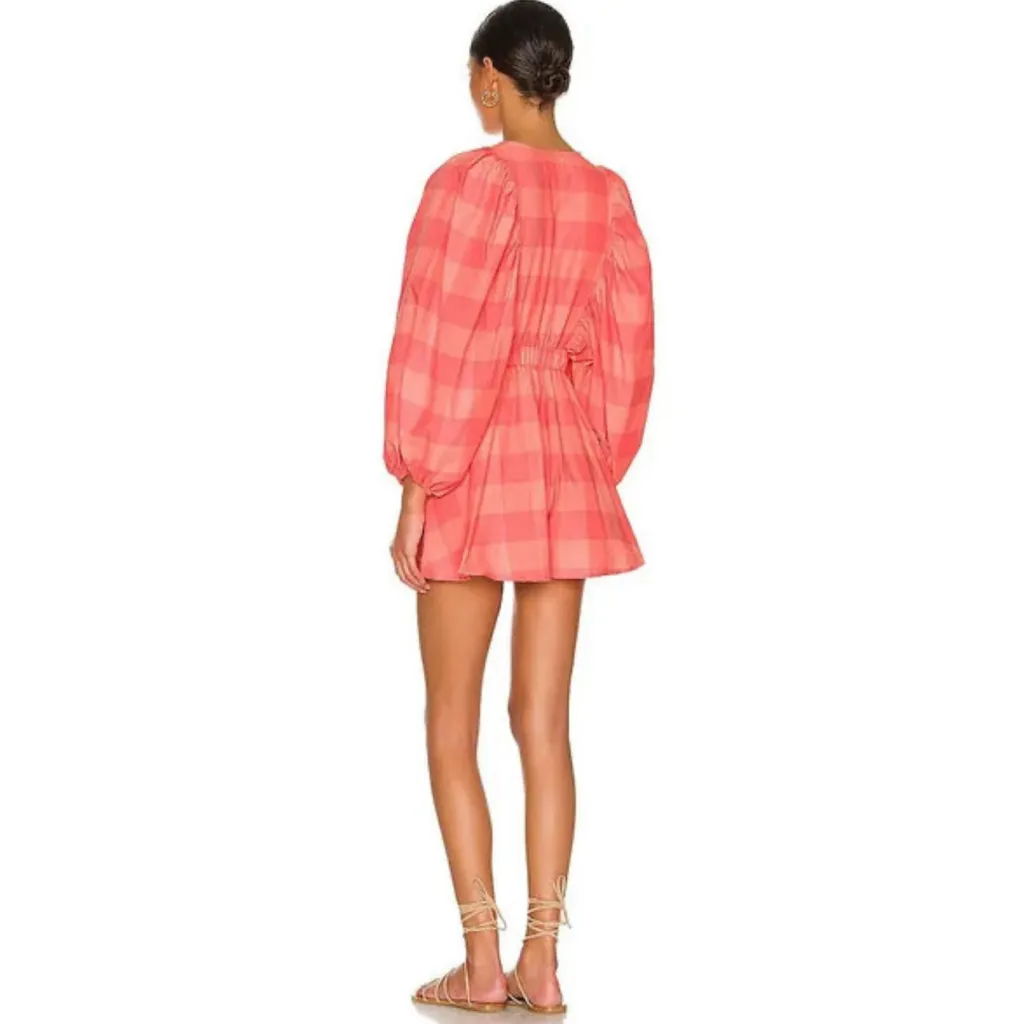 Sundress Revolve Alicia V Neck Puff Sleeve Big Gingham Neon Coral Romper XS/S Pink - Image 2