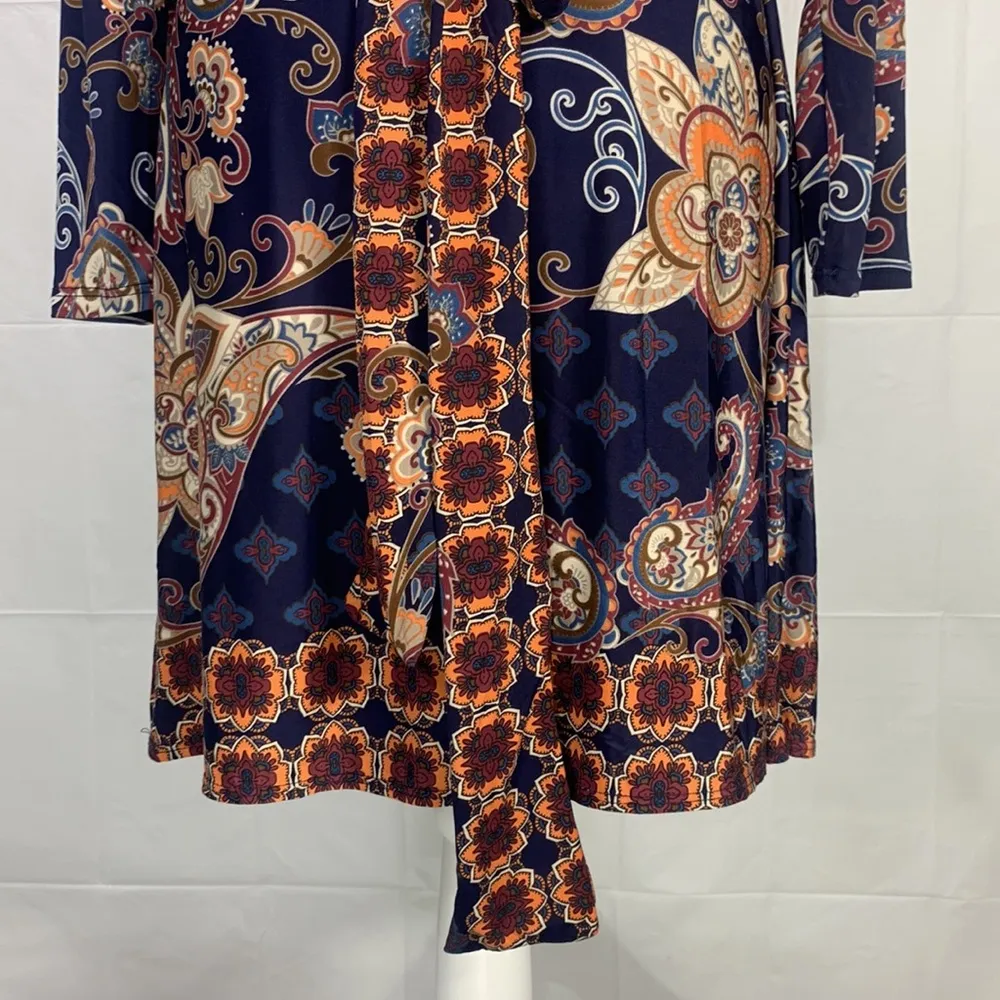 Venus Long Sleeve Paisley Navy Blue Faux Wrap Midi Dress Size Small - Image 11