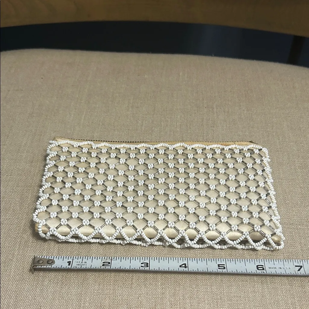 Vintage Cream Mini Clutch with White Beaded Shell - Image 5