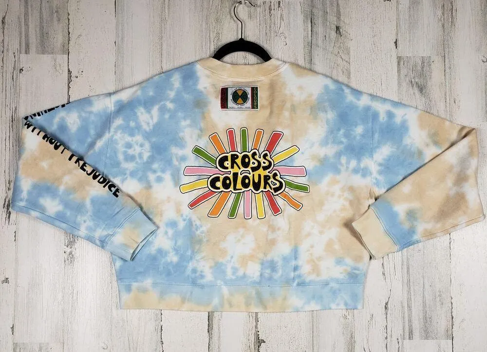 NWT Cross Colours Nordstrom Sunshine Logo Tie Dye Cloud Crop Sweatshirt Size XL Blue - Image 9