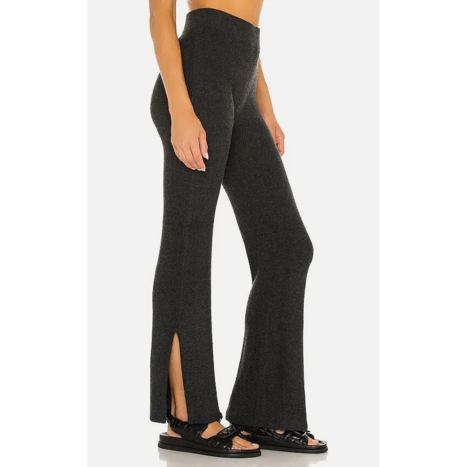 LE ORE Lodi Flare Pants Charcoal Gray Merino Wool Sweater Knit Slit Small - Image 2