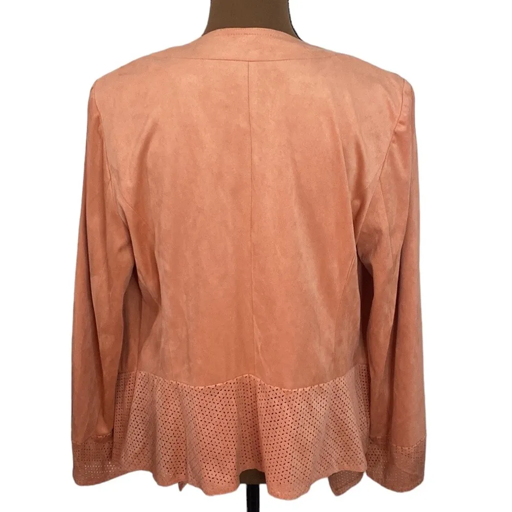 Chico’s peach faux suede perforated longline drape jacket size US 8 - Image 3
