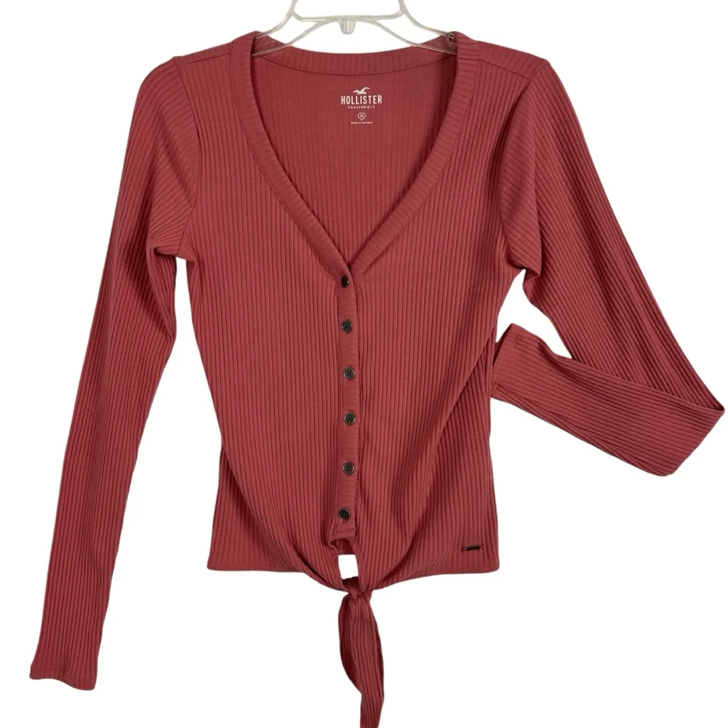 Hollister Henley Button Down V-Neck Long‎ Sleeve Shirt Medium Mauve Pink - Image 5