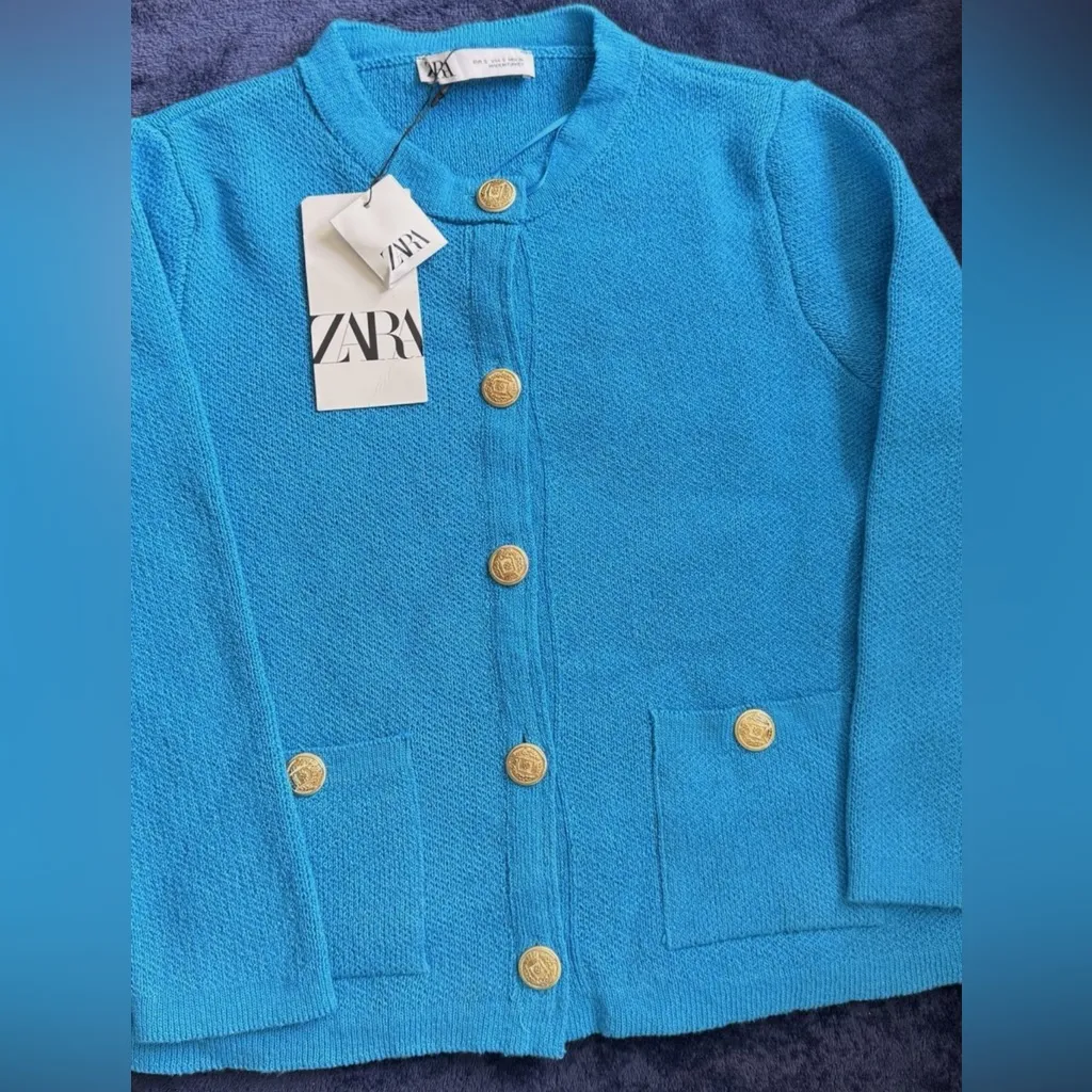 Zara Blue Knit Cardigan Sweater Gold Crest Buttons Cropped Boxy Size S NEW - Image 9