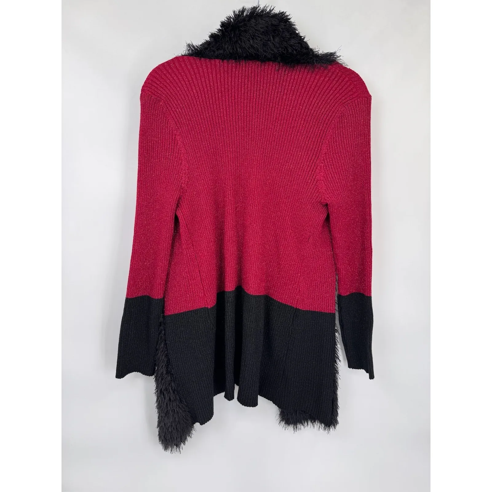 Vintage Y2K Lauren Michelle Cardigan Sweater Womens M Red Black Faux Fur Sparkle Size M - Image 9