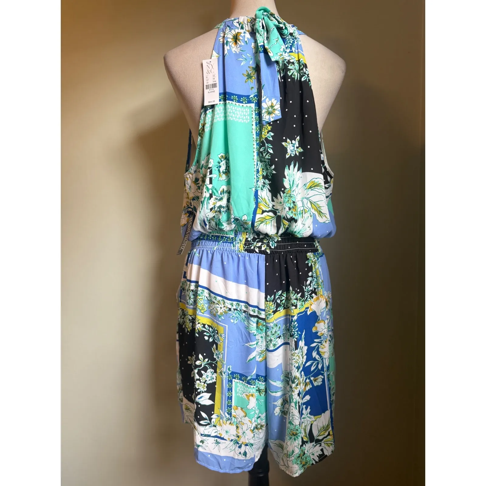 NWT XLARGE Halter Neck Patchwork Floral Print romper boho resortwear blue beach Size XL - Image 3
