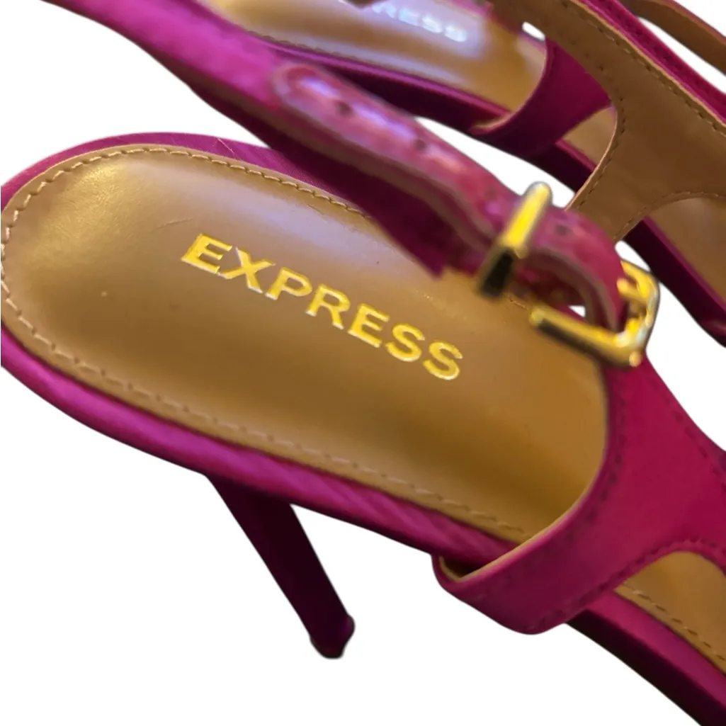 Express Sling~Back Stiletto Heels Sz 10 Fushia Satin Finish W/Large Bow on Toe - Image 6