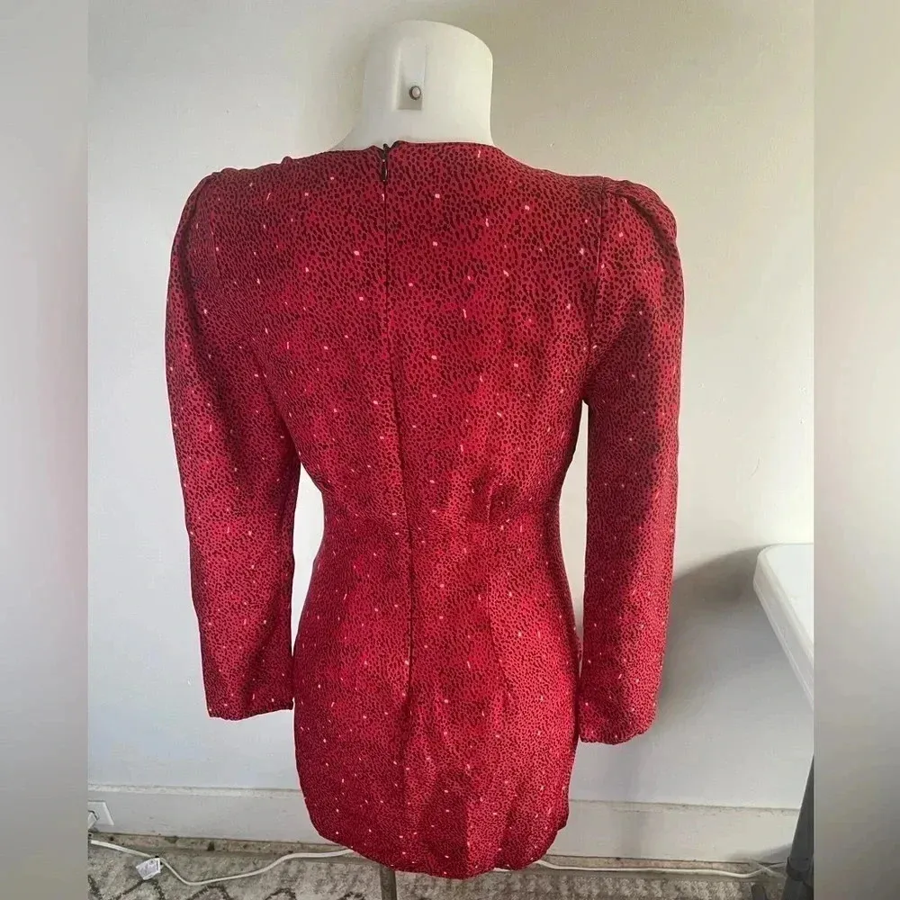Zara Bodycon Red Black Animal Print Deep V Neck Long Sleeve Mini‎ Dress EUC 0087 - Image 5