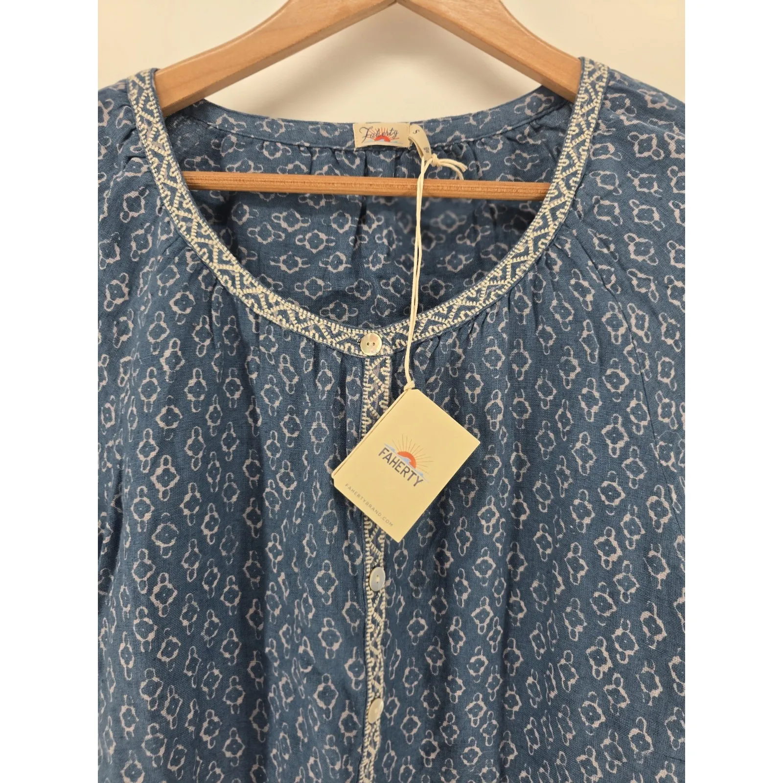 Faherty‎ Carmel Dress Women's Size Small Linen Blue Geo Button Up Mini Dress - Image 4